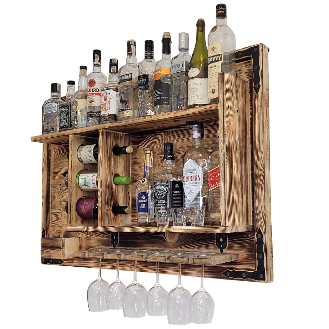weeco Holzregal Hausbar zum Hängen - Handgemacht Rustikale Stil Wand Bar Flaschenregal Holz - Weinbar Regal Geschenk für männer - Hölzernes 3D-Bild Schnapsbar