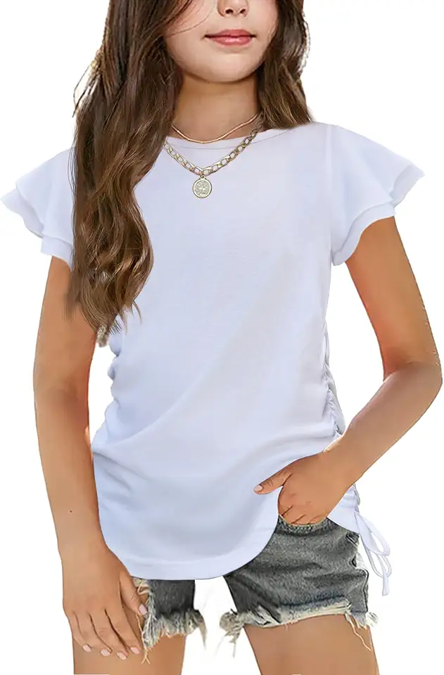 Arshiner Girls T Shirts Drawstring Side Tee Butterfly Short Sleeve Loose Blouse Summer Girl Tee Tops