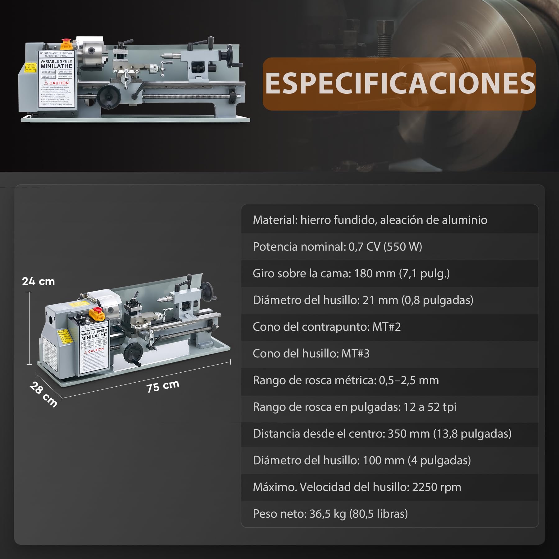 CREWORKS 550W Mini Torno de Metal, 180x350mm Torno para Metal de Sobremesa con Máx. Velocidad 2250RPM, Torno de Metal para Torneado de Metales para Roscar, Tornear