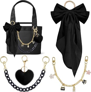 Xandova 4PCS Tote Bag Decor Kit, Bow Decorative Chain Charms, Pom Pom Accessories, Compatible with 20/35/50 Bogg Beach Tote Bags Accessories for Girls Women Black