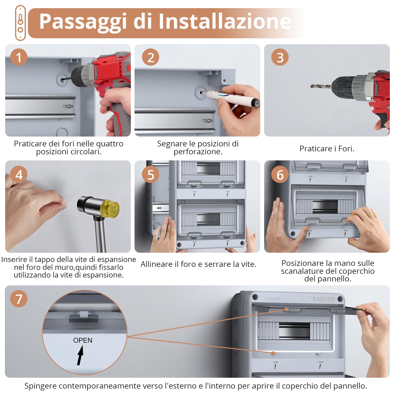 Kamtop Quadro Distribuzione Bifase IP65-24 Moduli a Doppia Fila con 5 Morsetti Trifase e 7 Prese Esterne, Progettato per Cantieri Edili, Vivai Professionali e Impianti Commerciali