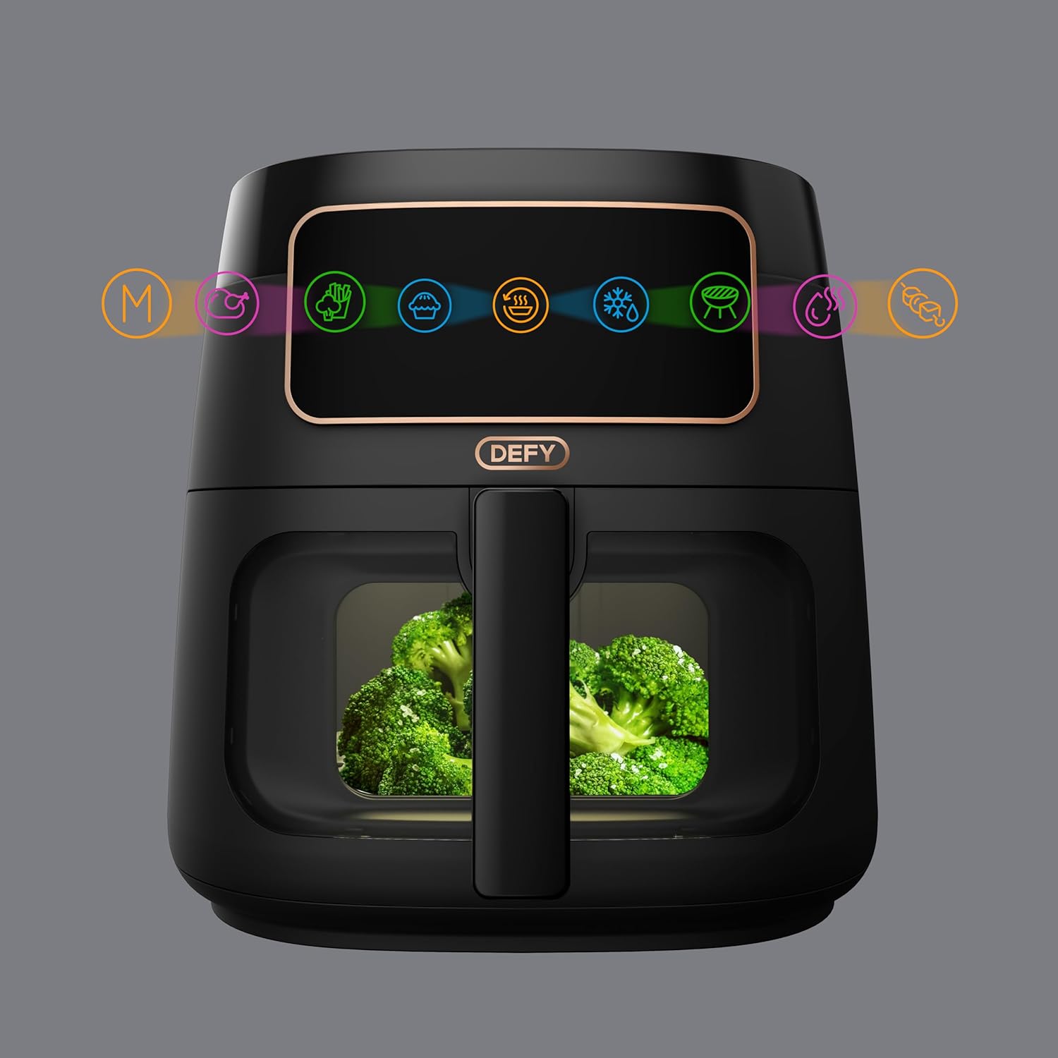 Defy DAF3376DB Air Fryer with various cooking mode icons highlighted