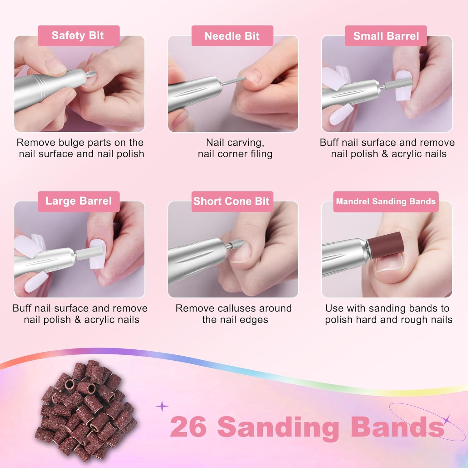 Diagram showing various nail drill bits and their functions: Safety Bit for bulges, Needle Bit for carving/filing corners, Small Barrel for buffing/removing polish, Large Barrel for buffing/removing acrylic, Short Cone Bit for calluses, and Mandrel with sanding bands for hard/rough nails. Also shows a pile of 26 sanding bands.