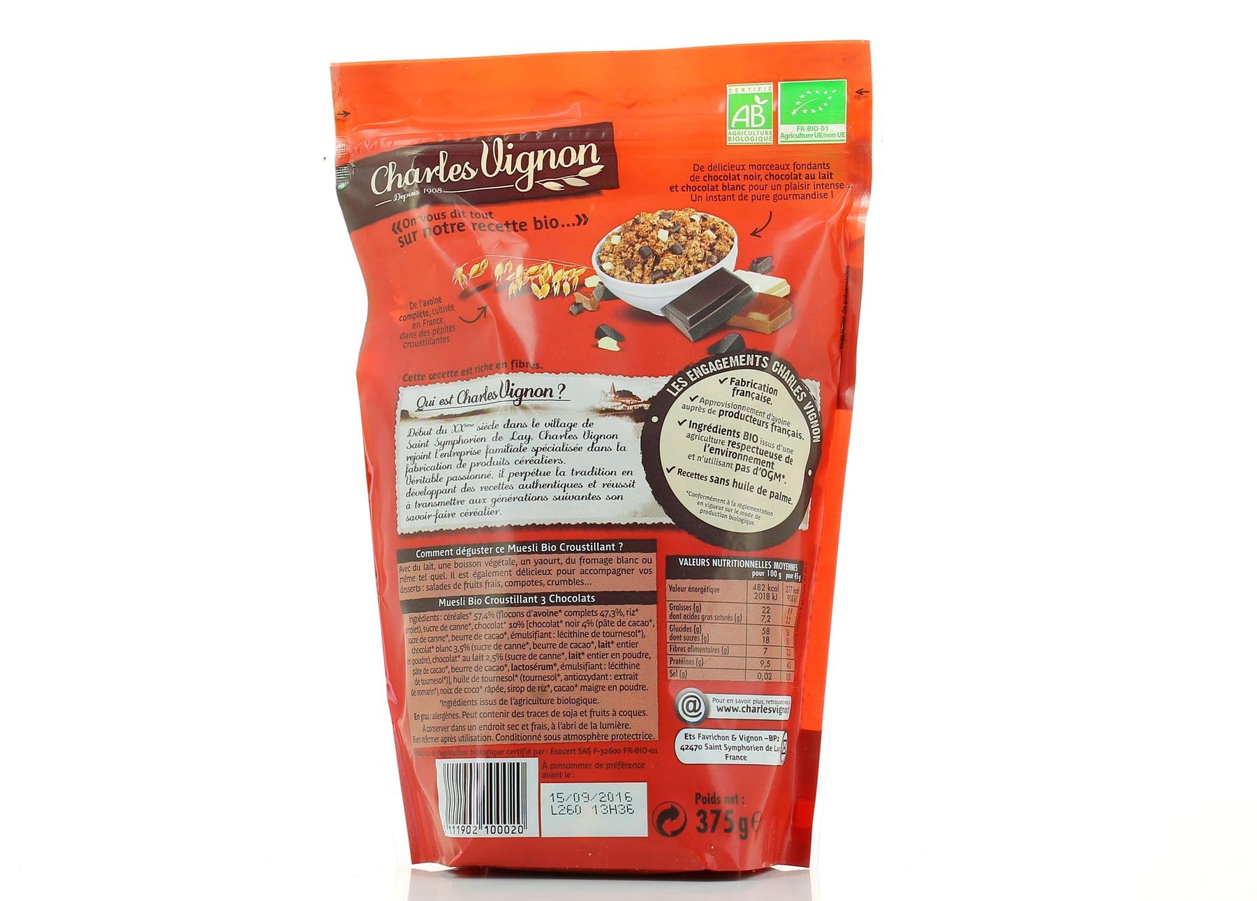 Charles Vignon – Cereales orgánicos de Charles Vignon, crujientes, 3 chocolates, 375 g, 375 g, 3 unidades, se vende en set