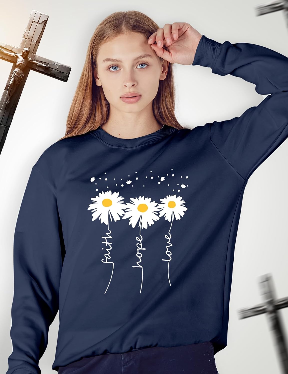 Women Crewneck Daisy Print Long Sleeve Sweatshirts Faith-Hope-Love Graphic Tops Regular Fit Sweatshirt