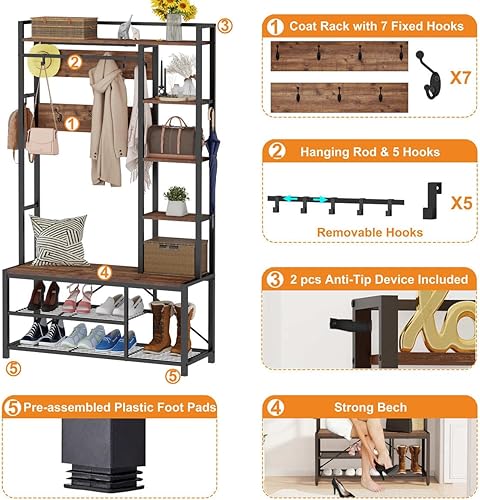 Miniatura 7 de BON AUGURE Aparador industrial para cocina con perchero con banco de almacenamiento de zapatos con estantes reversibles para vestíbulo (roble