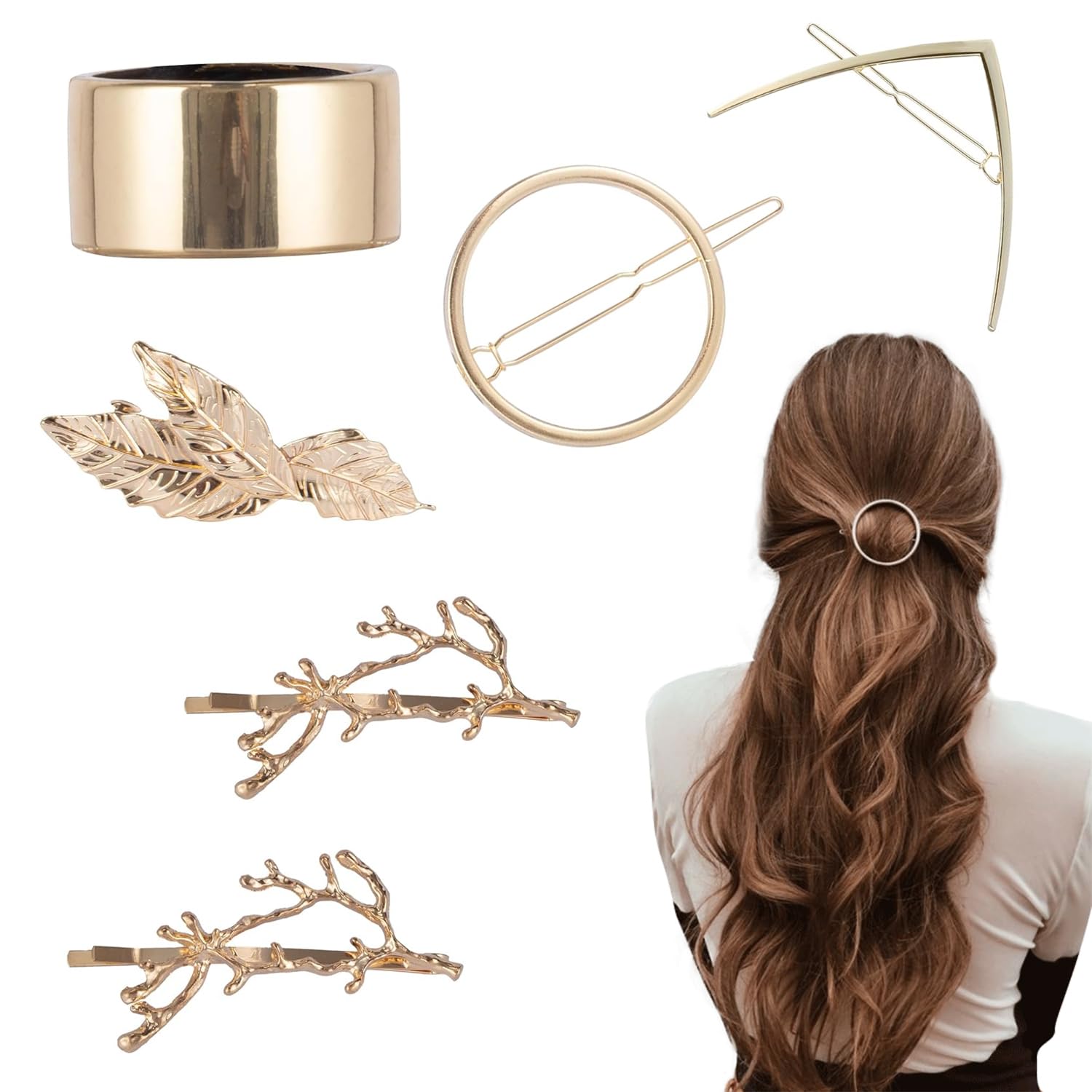 Pinzas para el pelo doradas, pinzas geométricas en V, pinzas para el pelo pequeñas, accesorios para el pelo para niñas, accesorios para el pelo de metal, anillos trenzados, estilo rubio para mujeres