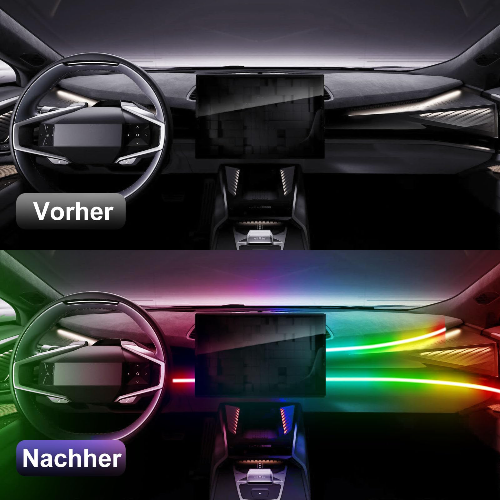GPJYD Acryl Ambientebeleuchtung Auto LED Innenbeleuchtung, 2 IN 1 110cm+35cm 168LEDs RGB LED Auto mit 16 Millionen Farben & 210 Dynamische, APP-Steuerung, USB Ambiente Beleuchtung für Aut o