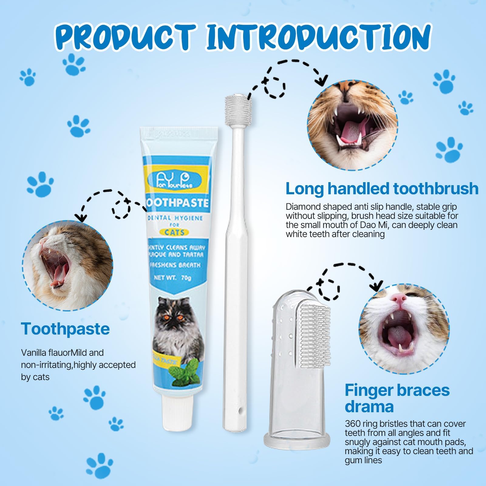 Pasta de dientes para gatos con cepillo de dientes y cepillo de dientes para perros y gatos, elimina la placa y el sarro, aliento fresco y bueno para los dientes