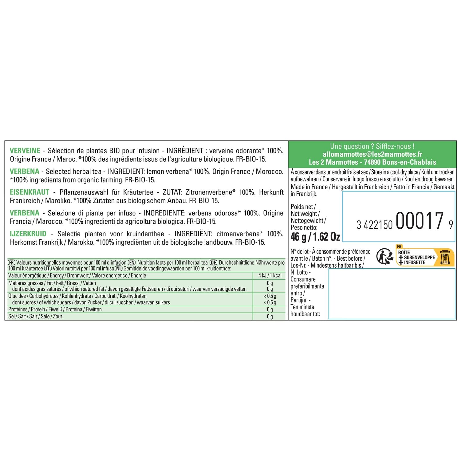 LES 2 MARMOTTES Infusion Verveine 30 sachets individuels - Boîte de 1,38 kg - Fabriqué en France depuis 1976 - Sans arômes ajoutés - Maîtres Infuseurs - Lot de 3
