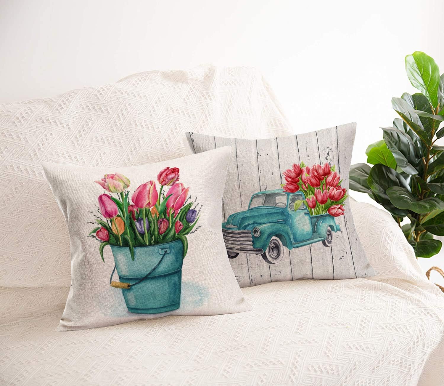 Smilyard Spring Tulips Pillow Covers 16x16 Inch Set of 4 Wood Grain Truck Floral Farmhouse Throw Pillow Cases Outdoor Pillows Decorative Fresh Flower Market Cushion Cover for Home Couch(Tulips 4Pcs)