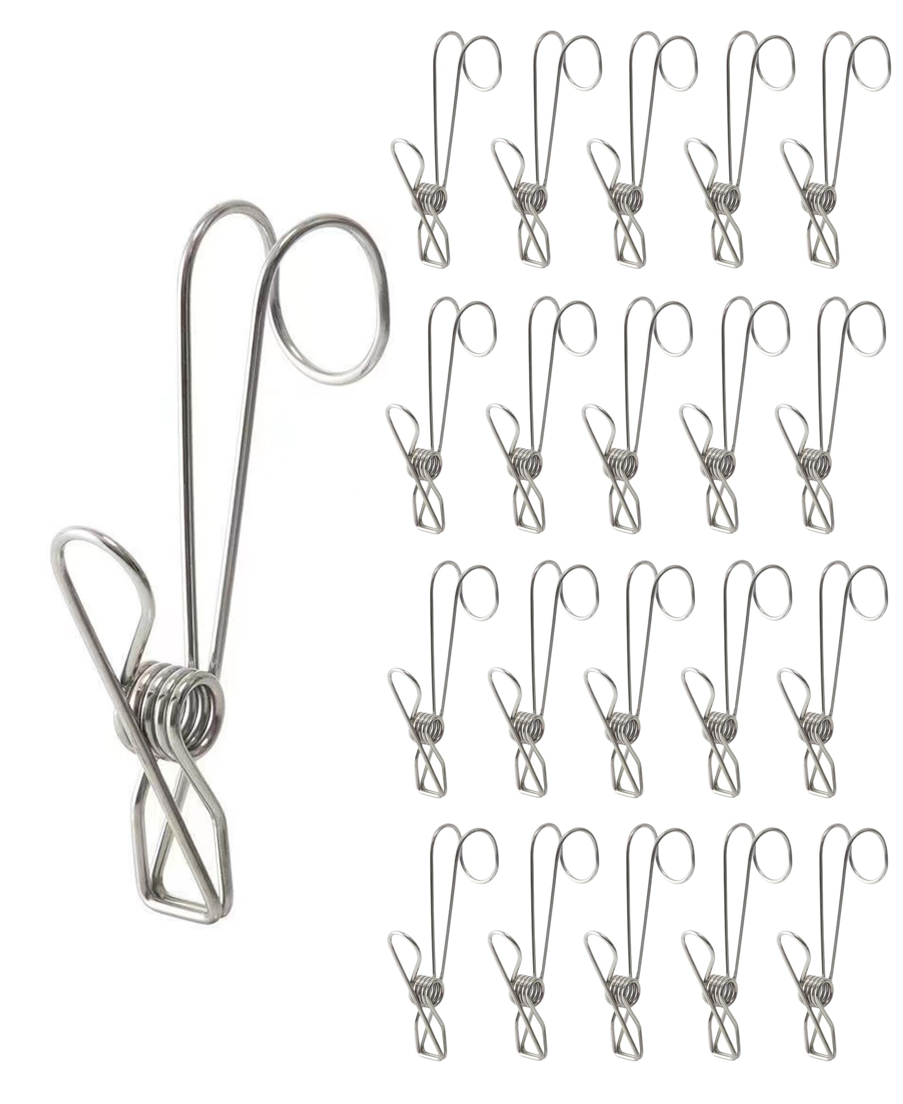BYROYIO 20 Clips Pack Stainless Steel Clothespins with Hooks Metal Spring Universal Long Hanging Clip for Offices Kitchens Bathroom