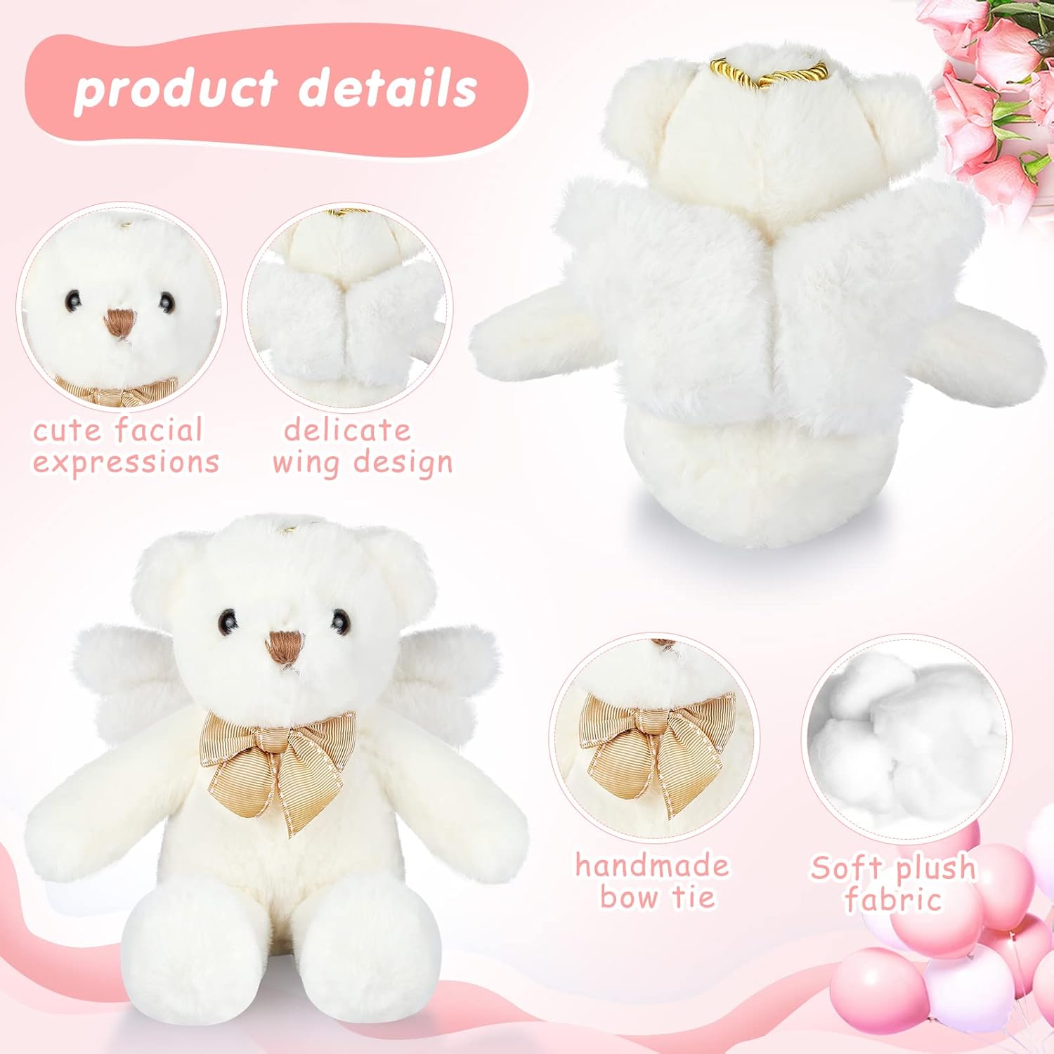 HyDren Angel Bear Plush Stuffed Animal with Wings White Bear Dolls for Boys Girls Birthday Gift (Plush,Classic) - Image 4