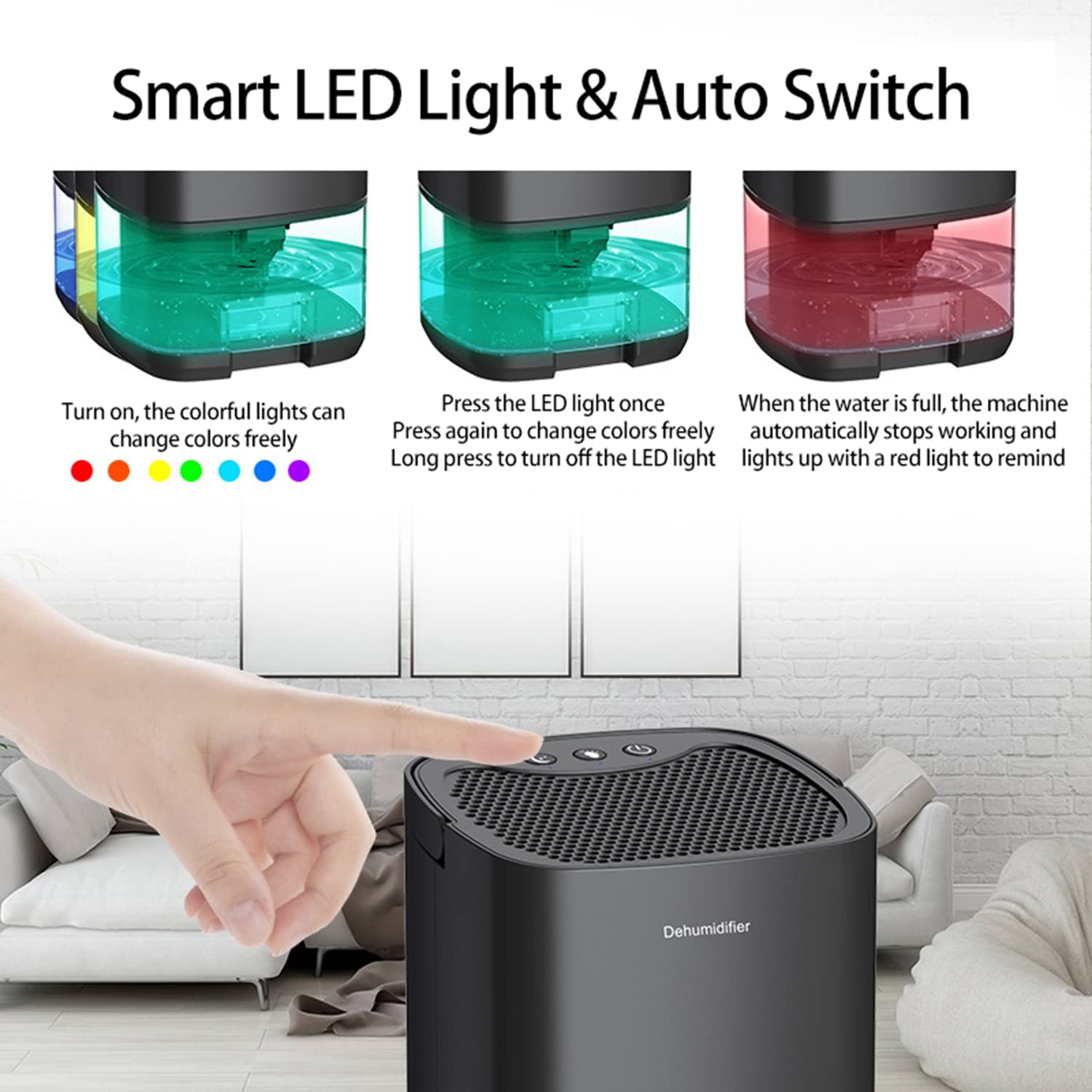 家庭用除湿機、自動シャットオフ機能付き寝室バスルーム用除湿機、7色LEDライト Amazon | タイマー付き家庭用1000ml除湿機、自動シャットオフ、7