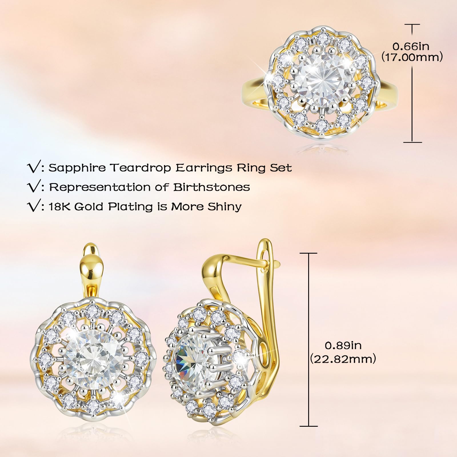 Richapex Set di gioielli da donna, set di orecchini a cerchio in oro 18 carati, set di orecchini con zaffiro, set di anelli, regalo per feste di fine anno per mamma, amica, moglie