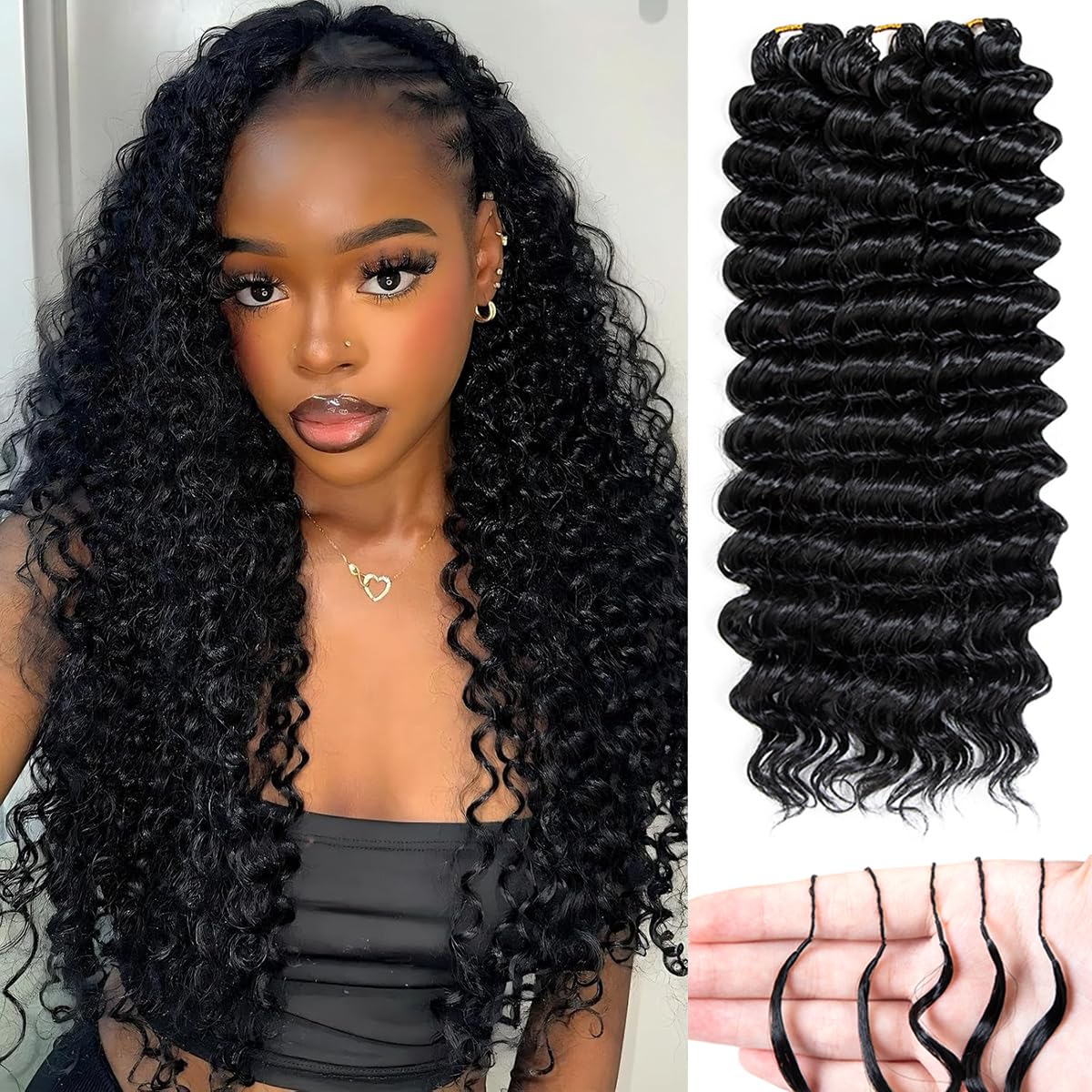 Extension di capelli all'uncinetto con piume per donne nere, 120 ciocche, 45,7 cm, pre-separati, nodi miracolosi, ondulati profondi, con extension sintetiche invisibili, ricci all'uncinetto