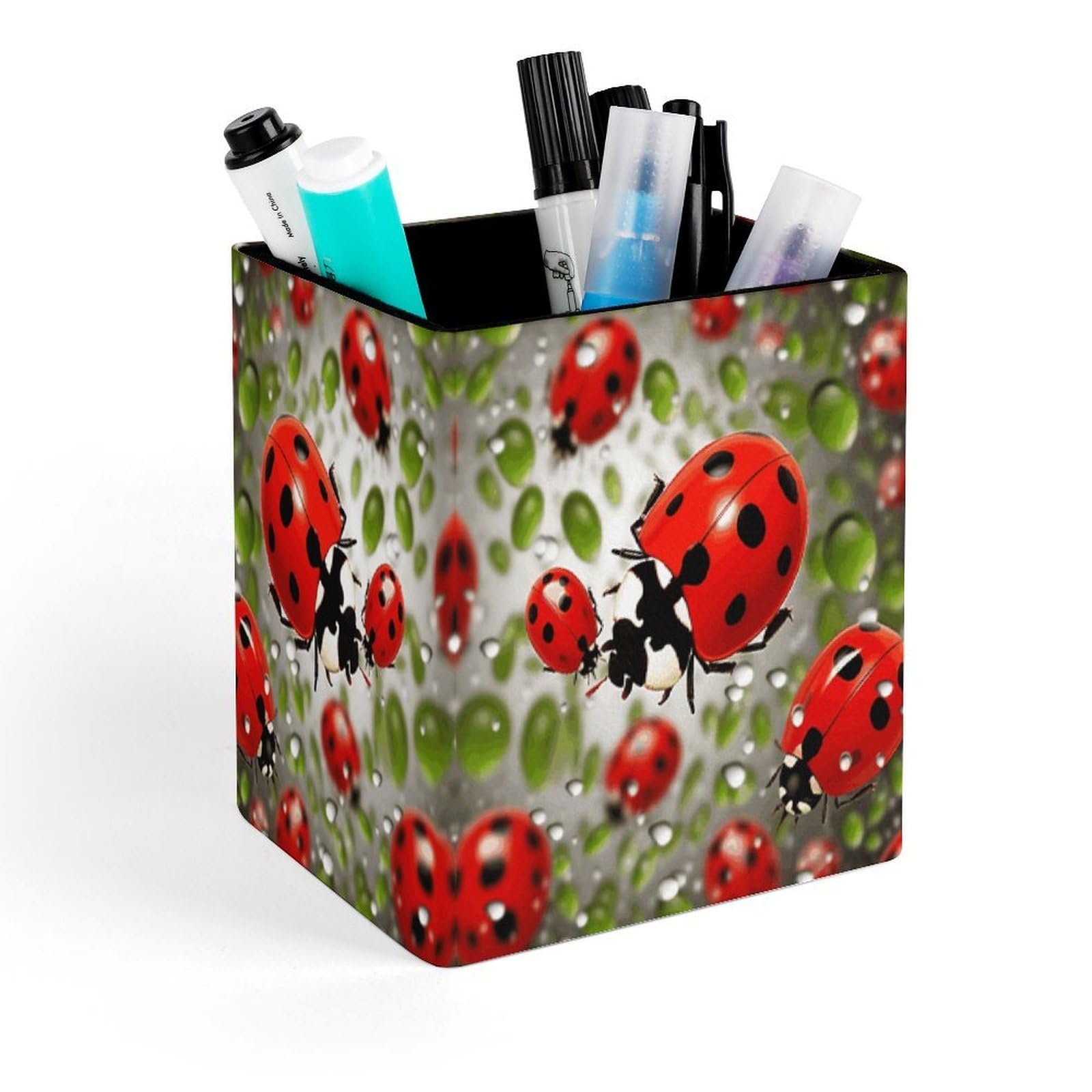 VstaDank Ladybug Pen Holder Square Pencil Holder Leather Pencil Cup Pen Organizer Makeup Brush Holders Pen Cups Desktop Stationery Organizer for Home Office Desk Organizers
