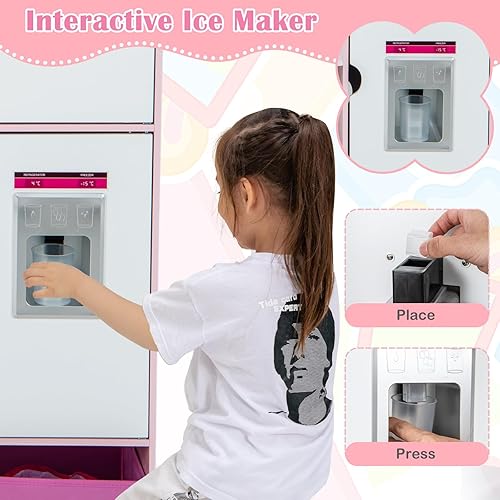 Miniatura 7 de Costzon Juego de cocina 2 en 1 para niños y tienda de comestibles, cocina de juego de simulación de doble cara con luz y sonido, máquina de hielo,