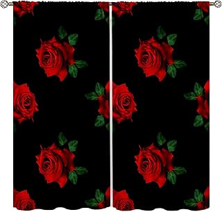 Red Rose Curtains, Romantic Rose Print Blackout Curtains Burgundy Red Ru...