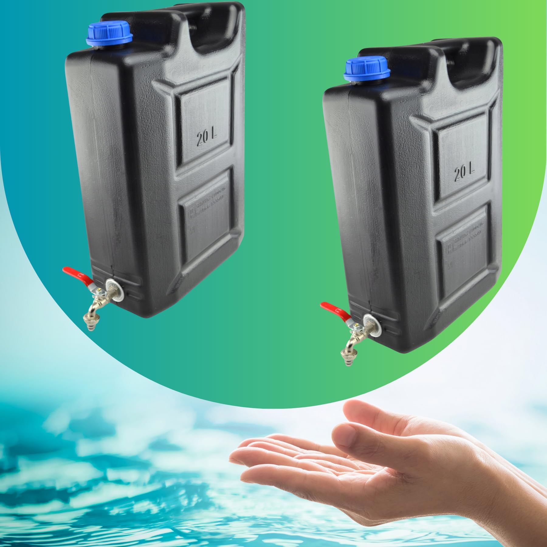 Bidón de agua de plástico, 20 l, depósito de agua con grifo, juego de 2 unidades, recipiente de agua potable, bidón de reserva, bidón de plástico, para casa, jardín, camping, etc., cierre hermético,
