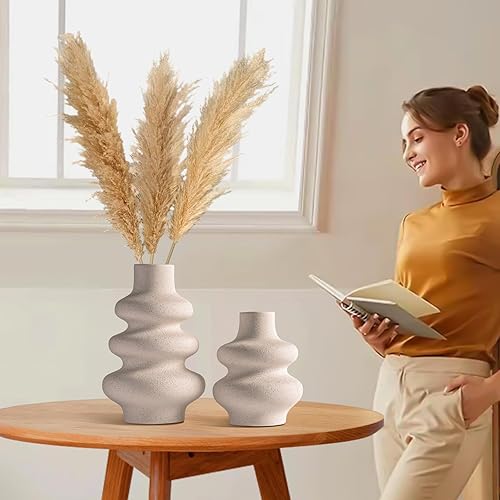Miniatura 9 de Juego de 2 jarrones de cerámica blancos para decoración moderna del hogar, jarrones de flores para decoración estética de habitación, decoración