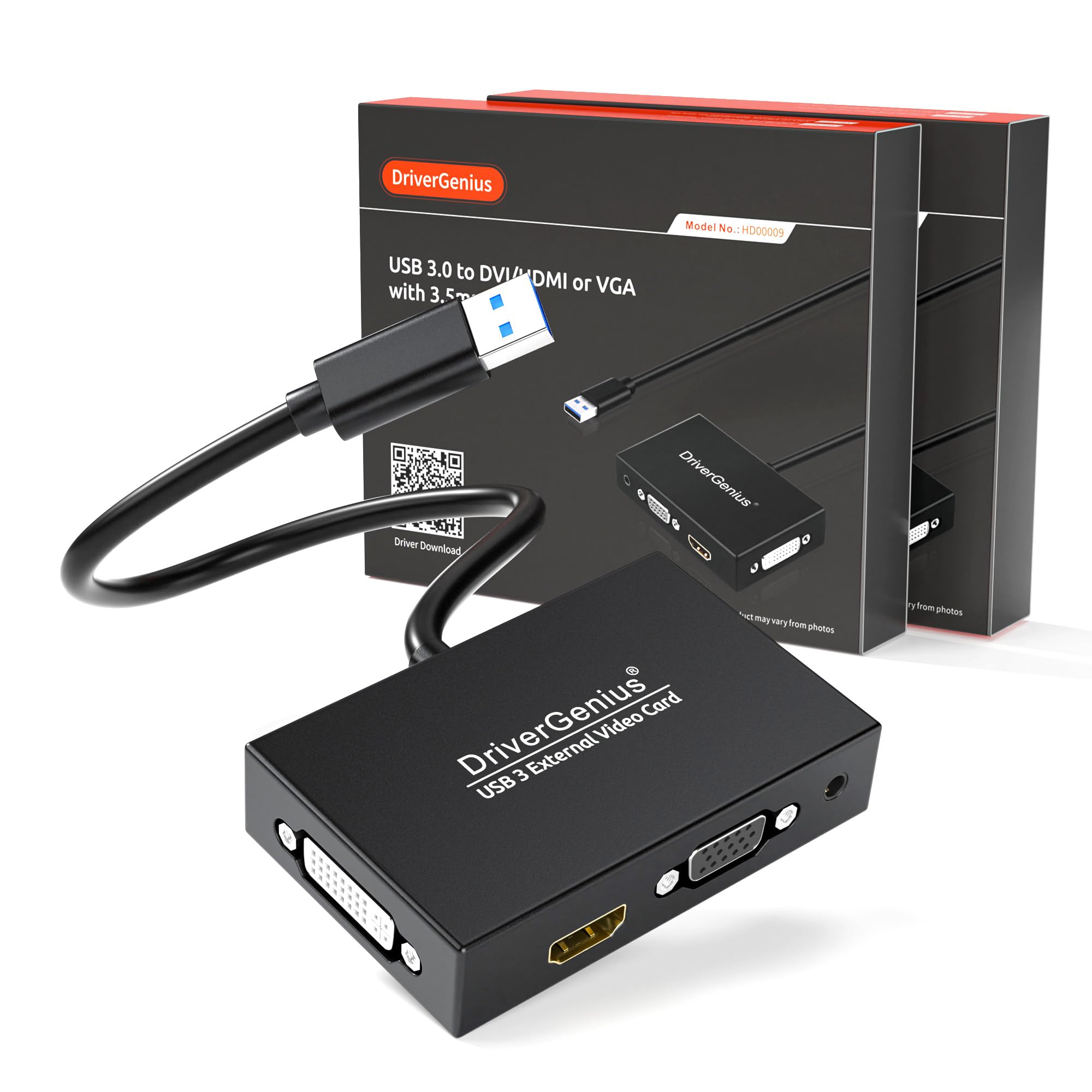 DriverGenius ViewX Trio Series | Adaptateur Vidéo USB 3.0 vers HDMI/DVI/VGA avec Sortie Audio 3,5 Mm pour Écrivains, Designers, Et Analystes De Données Compatible PC/Mac【Puces DisplayLink, 2 Pc】