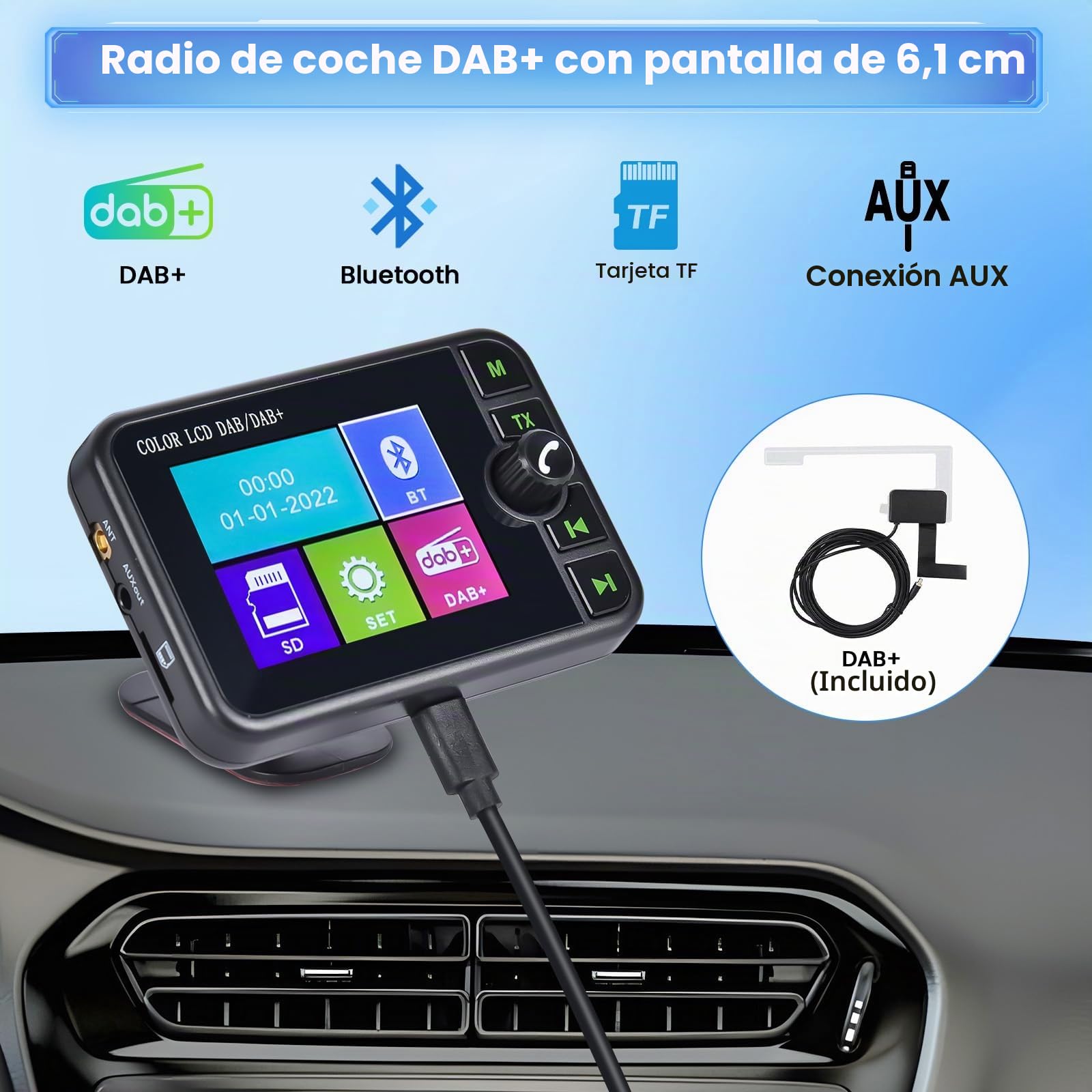 Inefala Dab+ - Adaptador para radio de coche, pantalla LCD de 2,4 pulgadas, con manos libres Bluetooth, transmisor Dab, transmisor FM, AUX in/Out, TF Card Music Play, cargador de coche
