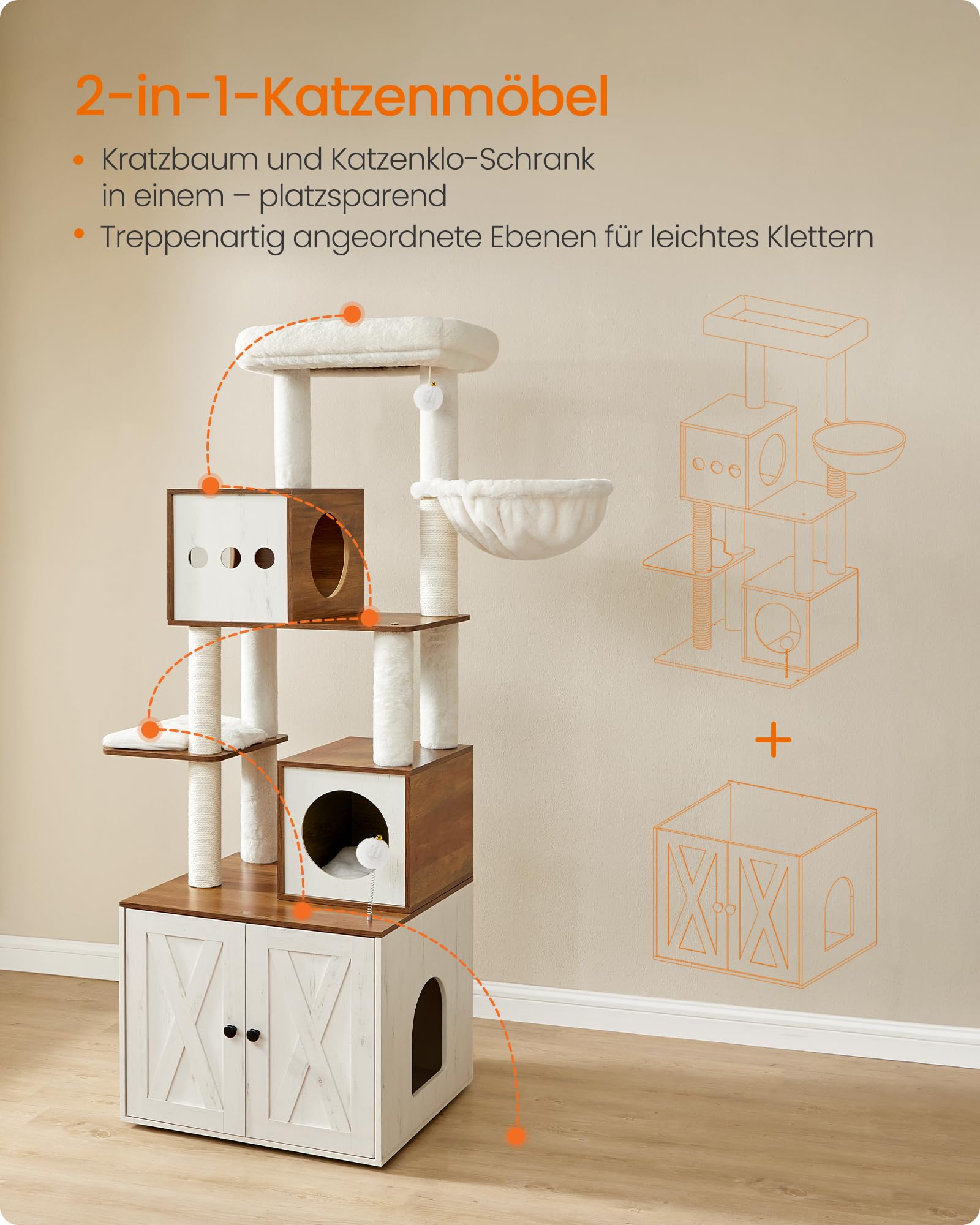 Feandrea Kratzbaum, Katzenbaum mit Katzenklo-Schrank, 178 cm hoch, Katzenkratzbaum, Kratzsäule, Plattform, waschbares Kissen, honigbraun-vintageweiß PCT116K03