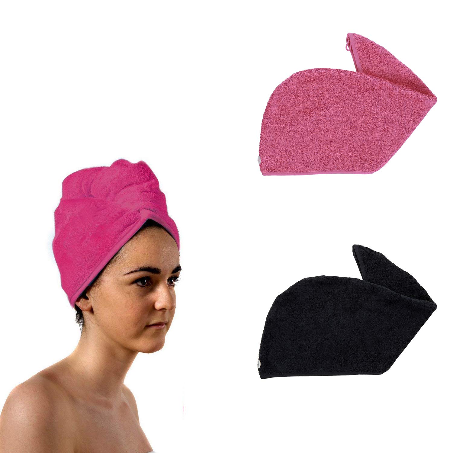 aztex Set of 2 Hair Turban Towels, Head Wrap Towel, Hair Drying Towel with Loop and Button Fastener, Absorbent and Lightweight Cotton, 64 x 23cm - 1 x Black, 1 x Pink