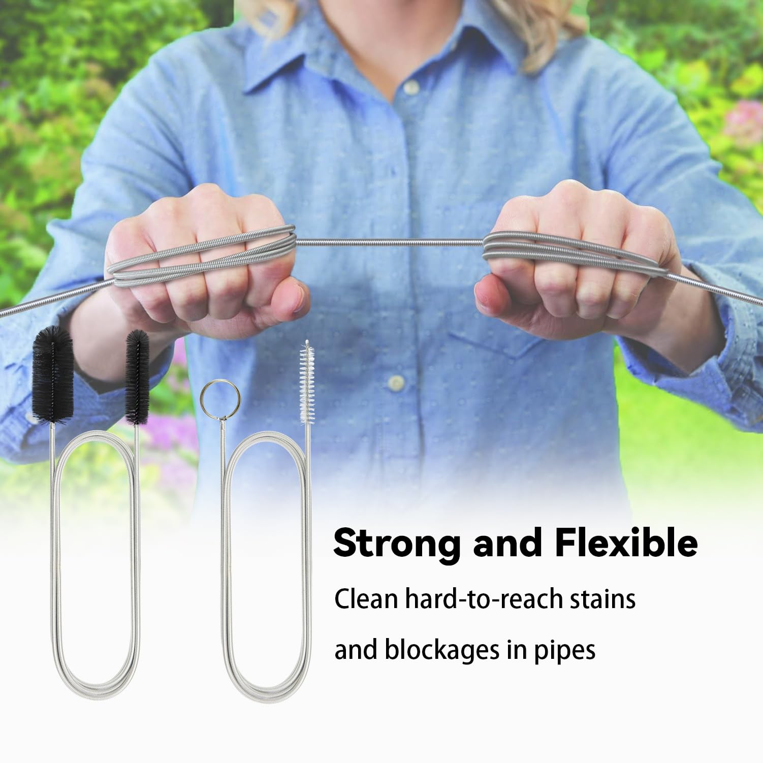 Cepillo de drenaje flexible, limpiadores de tuberías de manguera de doble extremo de 66 pulgadas de largo y cepillo de limpieza de tubos de 58 pulgadas y 2 cepillos limpiadores de pajitas de 8