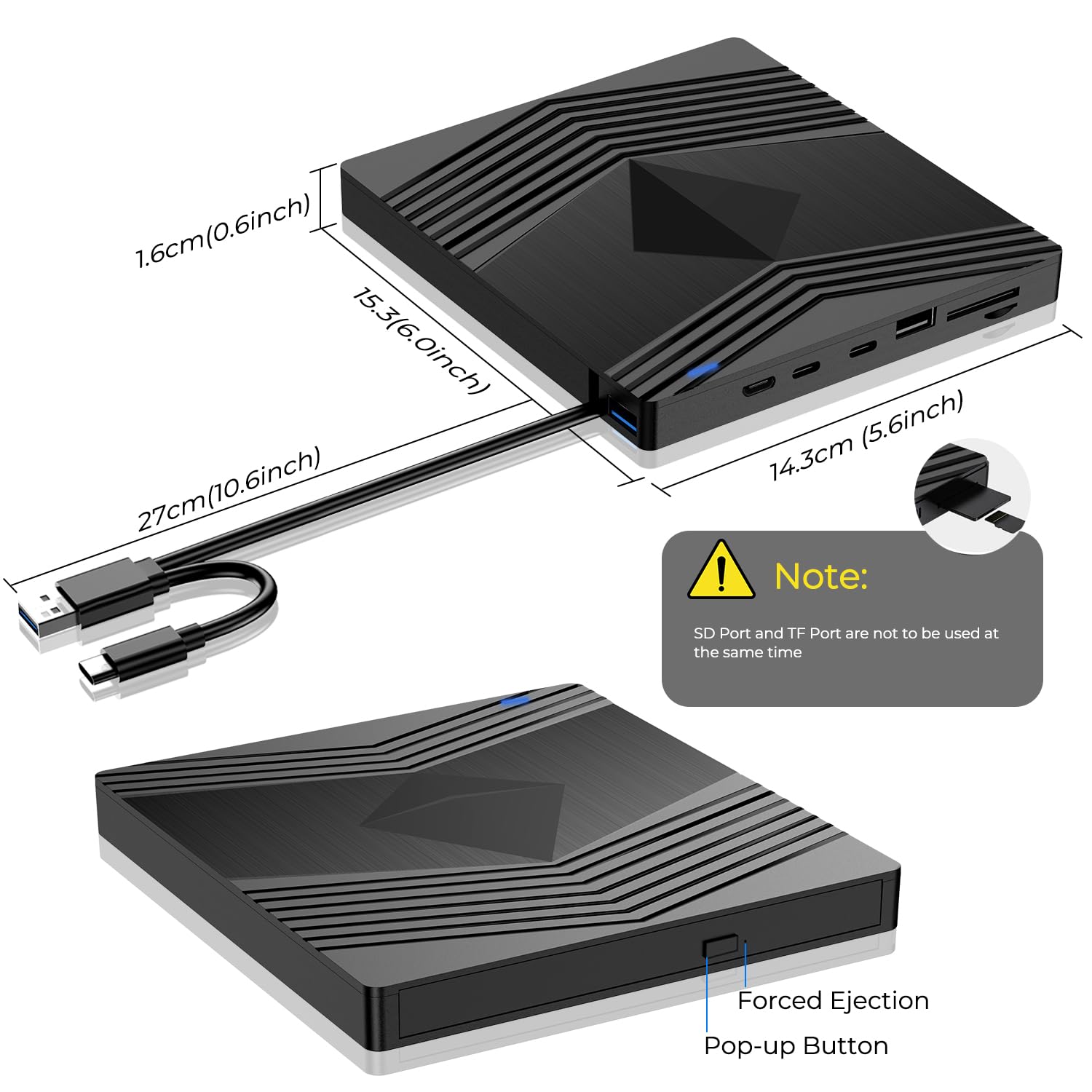 Lector CD/DVD Externo,USB 3.0 Grabadora DVD Externa con Tarjetas SD TF y 2 Puertos USB C Unidades DVD/CD -RW/ROM Externas,Lector DVD Externo para PC Portátil Laptop Windows 11/10/8.1/7 Linux MacOS