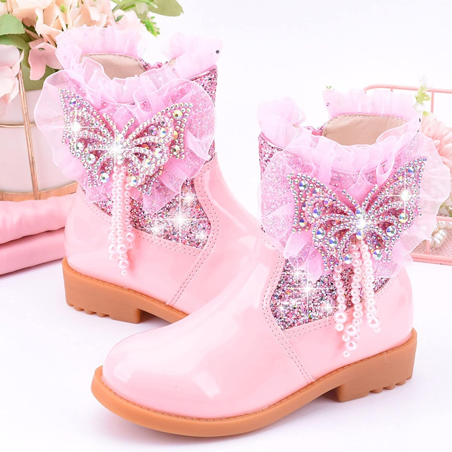 Toddler Girls Booties Little Kid Shoes Short Boots Girls Snow Boots Cotton Boots Princess Shoes Black Baby Shoes (Pink, 10-10.5 Years Big Kids)