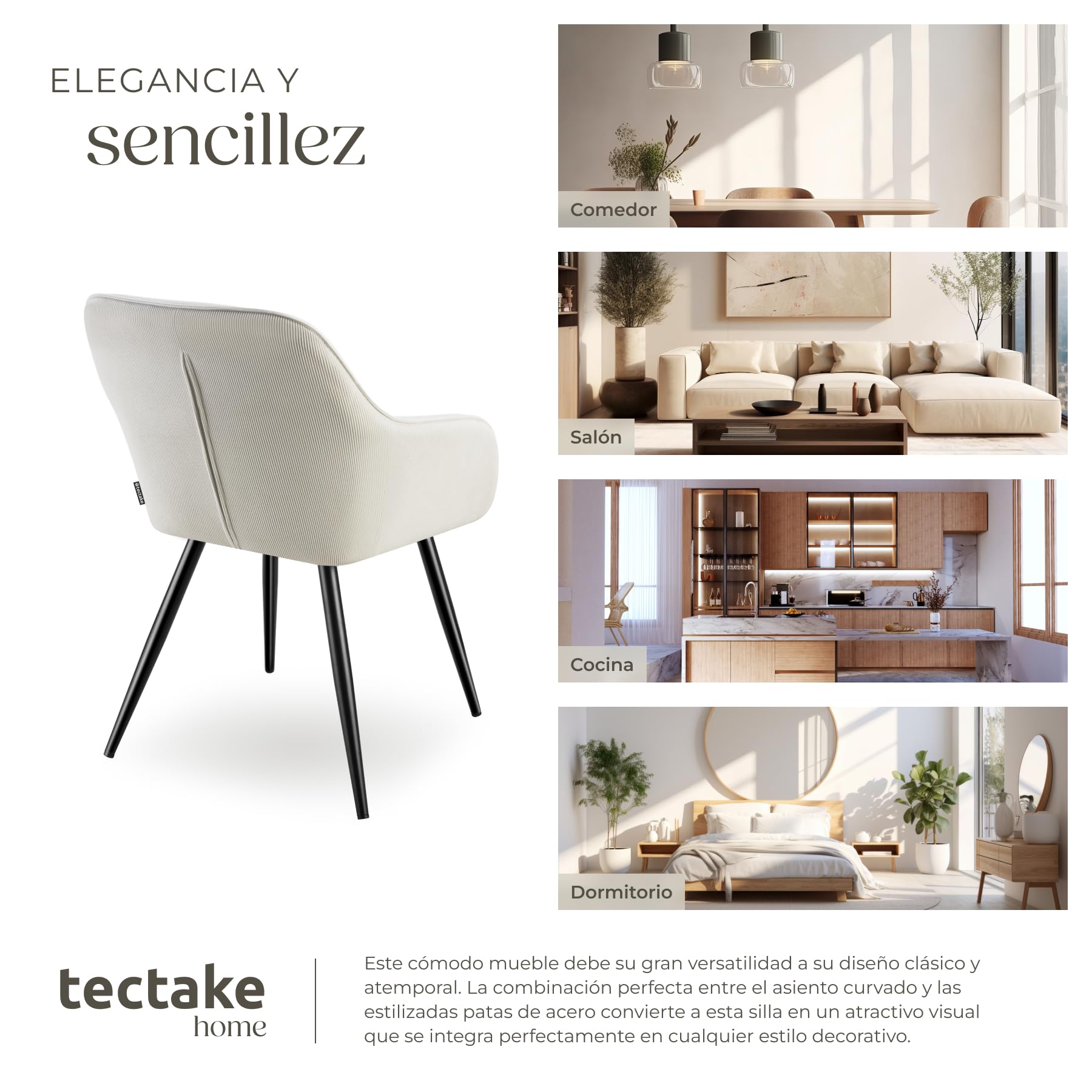 tectake® Sillas de Comedor, Silla Acolchada con Tejido de Pana, Respaldo Continuo, Patas de Acero Robustas, Muebles Comedor, Sillas Comedor Modernas, Silla Comedor Nordica - 1 Silla Crema/Negro