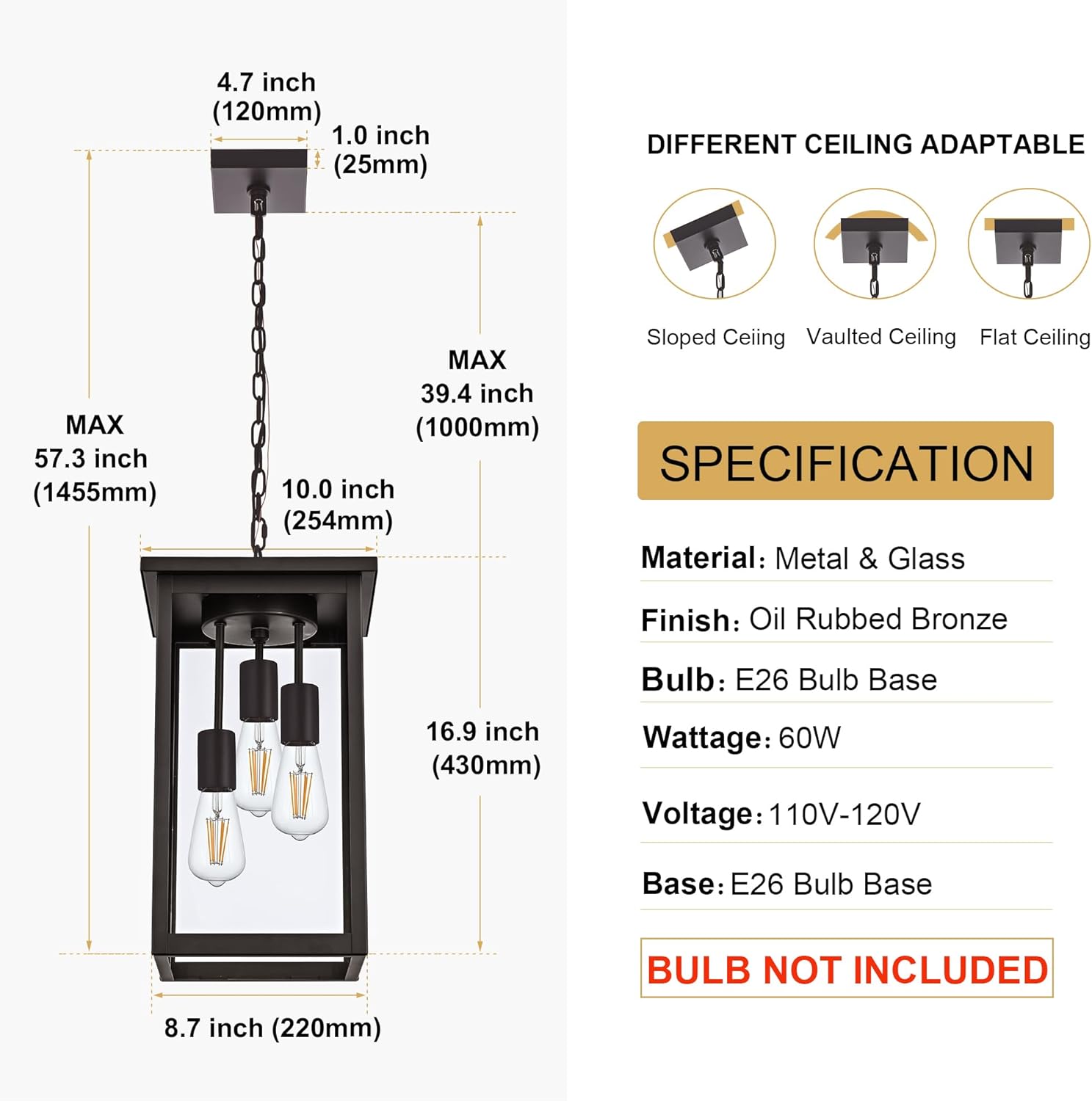 TODOLUZ 3-Light Large Outdoor Pendant Light Fixtures with Height Adjustable, Porch Hanging Lighting E26 Bulb Base in Oil Rubbed Bronze, Exterior Ceiling Lamp for Entrance Patio Garden
