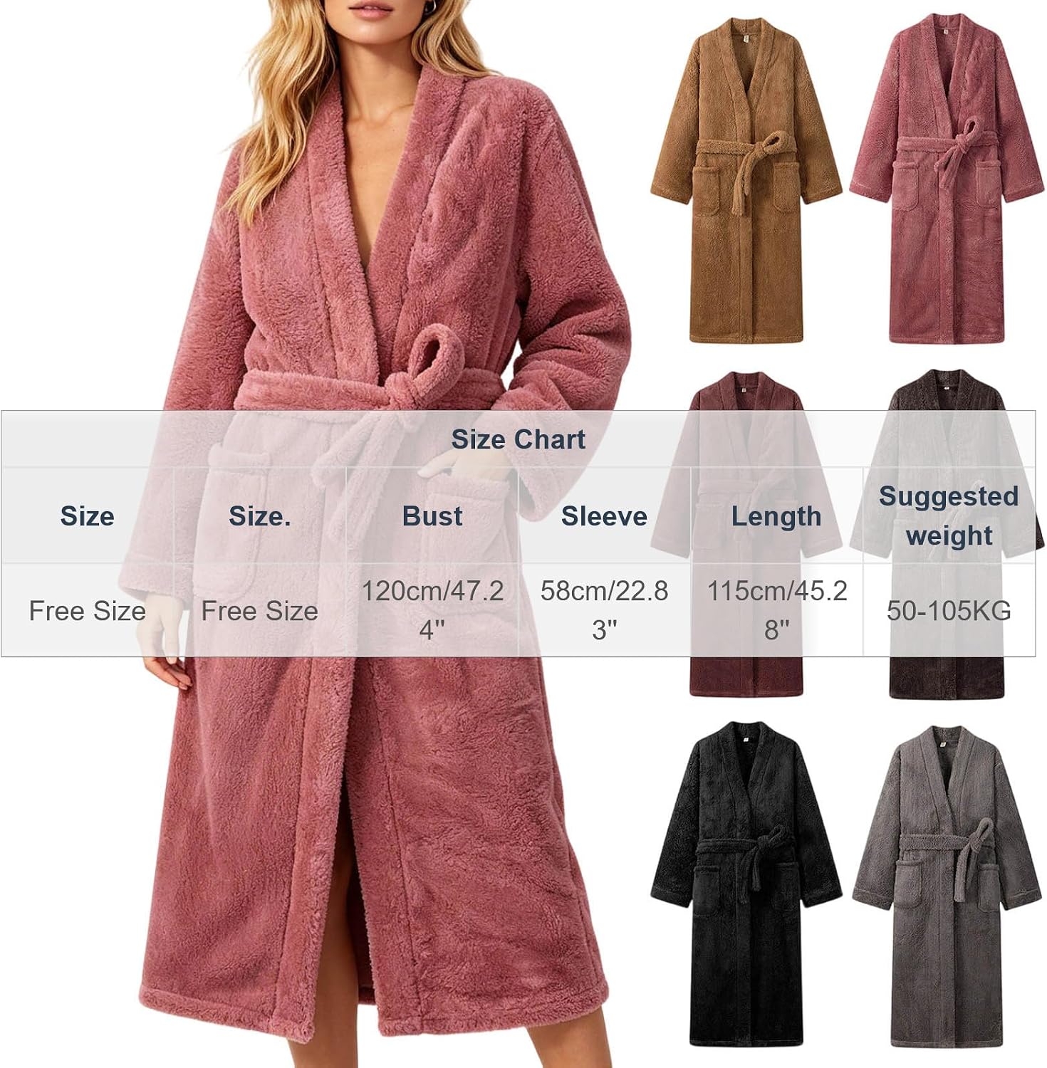 Long Robe for Women Plush Soft Spa Bathrobe Cozy Housecoat with Pockets