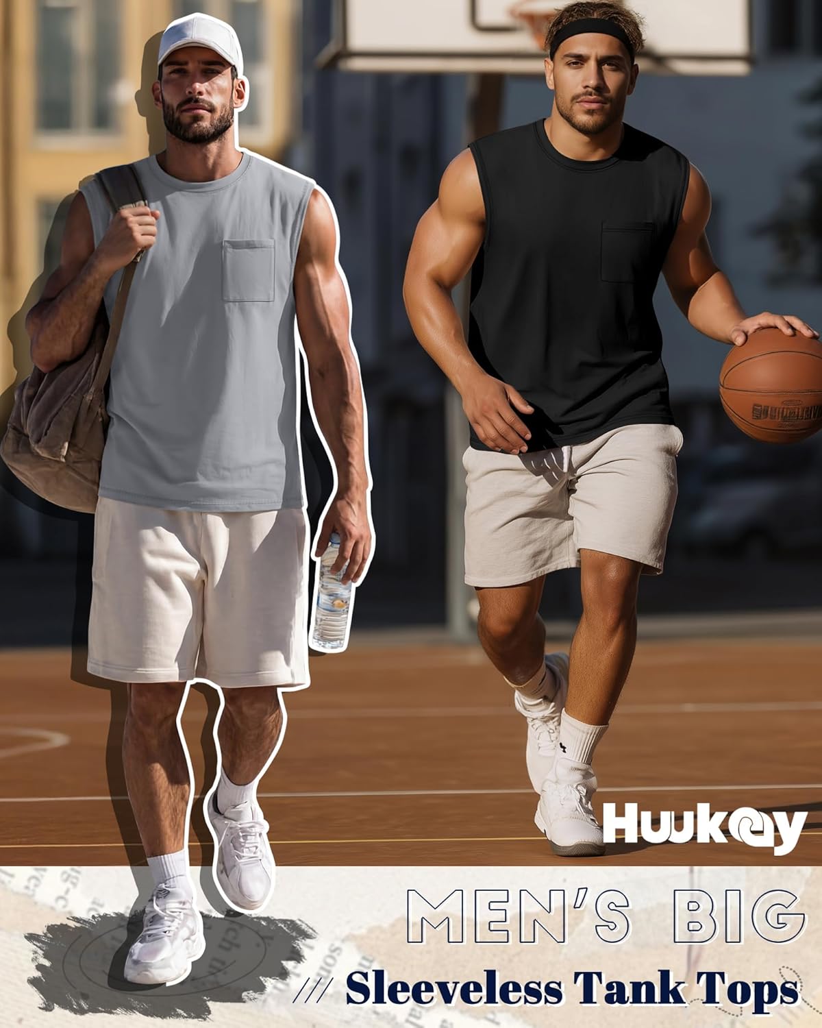 Huukeay 3 Pack Cotton Men's Big and Tall Sleeveless Tank Tops Muscle Shirts Gym Workout Casual Tees with Pocket