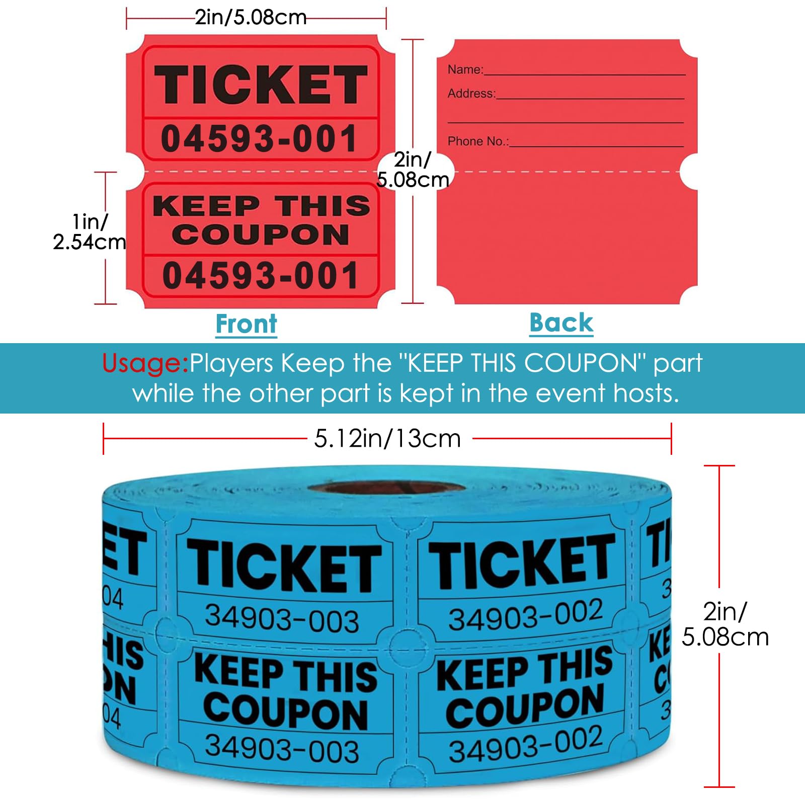 4 Rolle Double Raffle Tickets 4000 Stück Nummerierte Tombola-Tickets Rolle für Party-Event, Preisbelohnung, Spendenaktion, Karneval