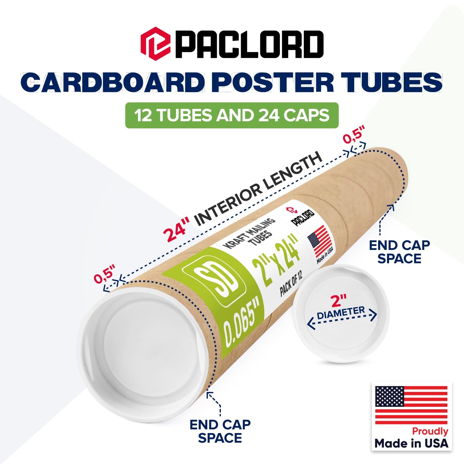 Tubos de correo de papel kraft reforzados de 2 x 24 pulgadas, paquete de 12 tubos con 2 tapas cada uno, tubo de póster aprobado por USPS, tubo de cartón fabricado en Estados Unidos para enviar y