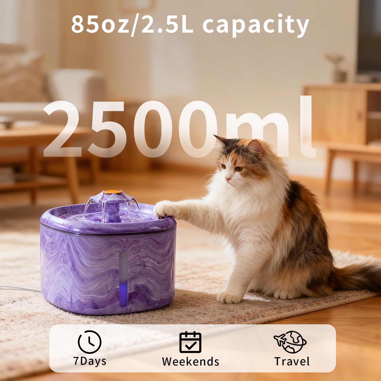 Fuente de agua para gatos morada: fuente de agua automática para mascotas para gatos de interior, 84 onzas/2.5 L, bonita fuente para gatos para beber, luz azul LED, bomba ultra silenciosa mejorada