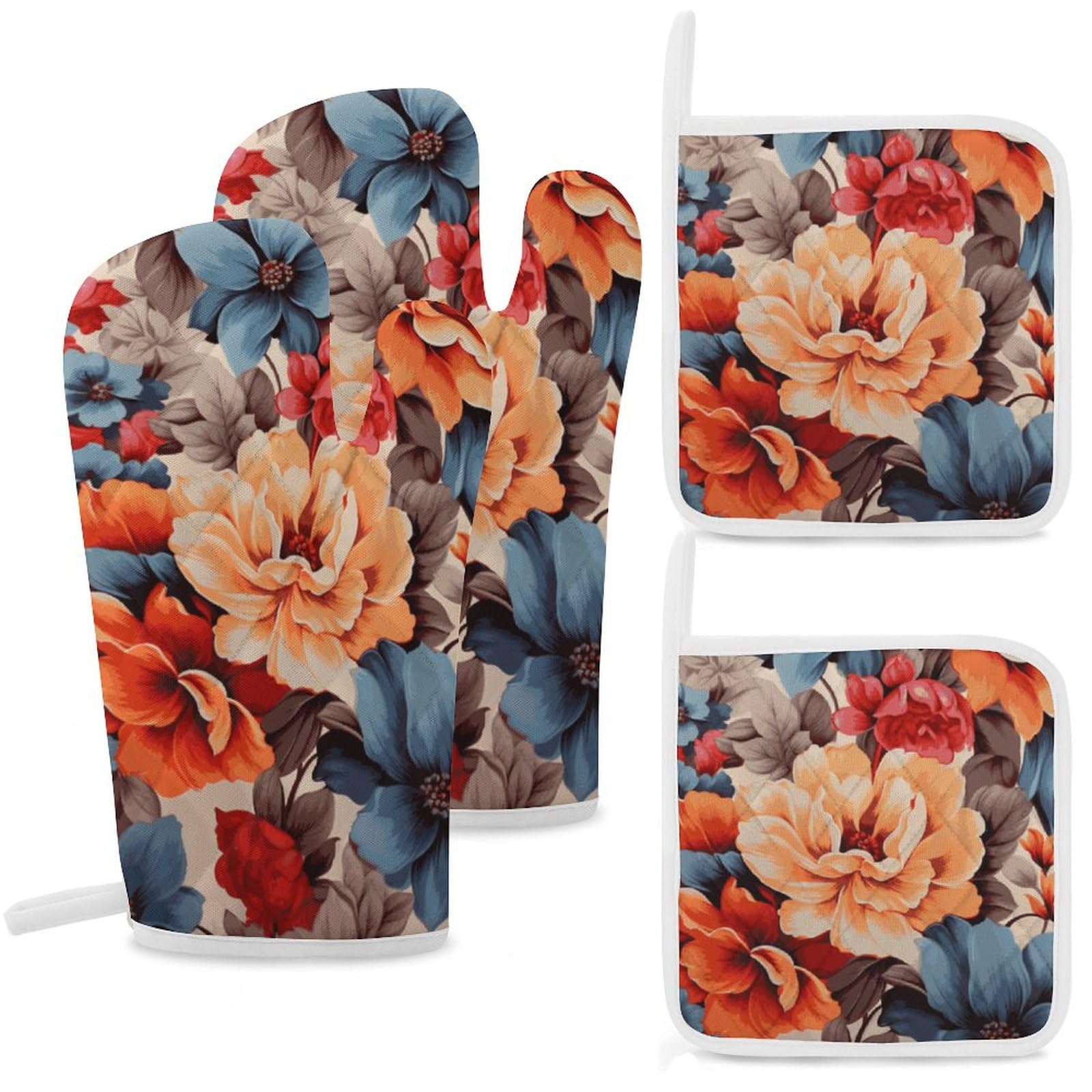 Gants de cuisine et maniques en coton résistant à la chaleur floral Lot de 4
