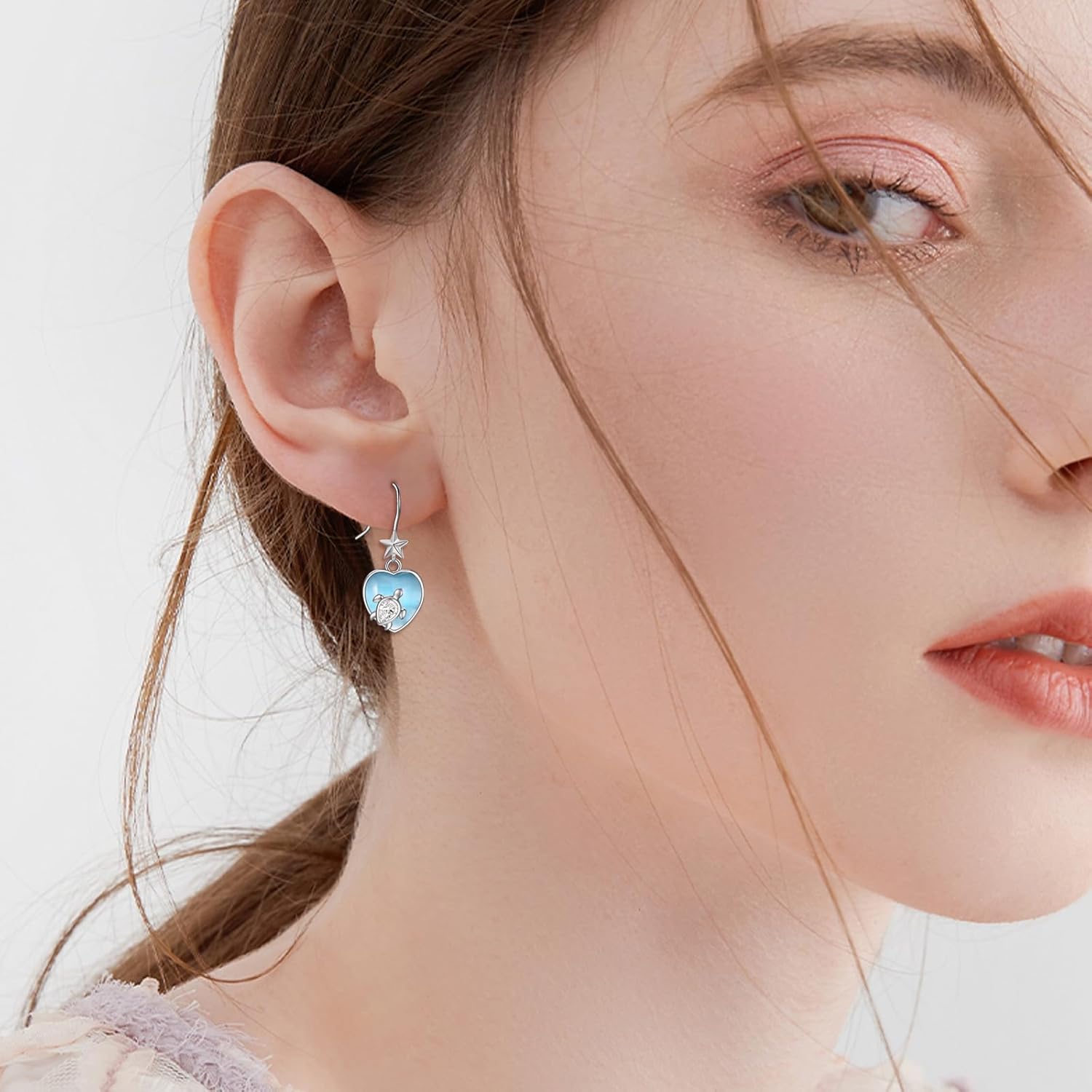 Turtle Earrings Sterling Silver Blue Crystal Dangle Earrings Ocean Jewelry Gift for Lady Women Grandma - Image 3