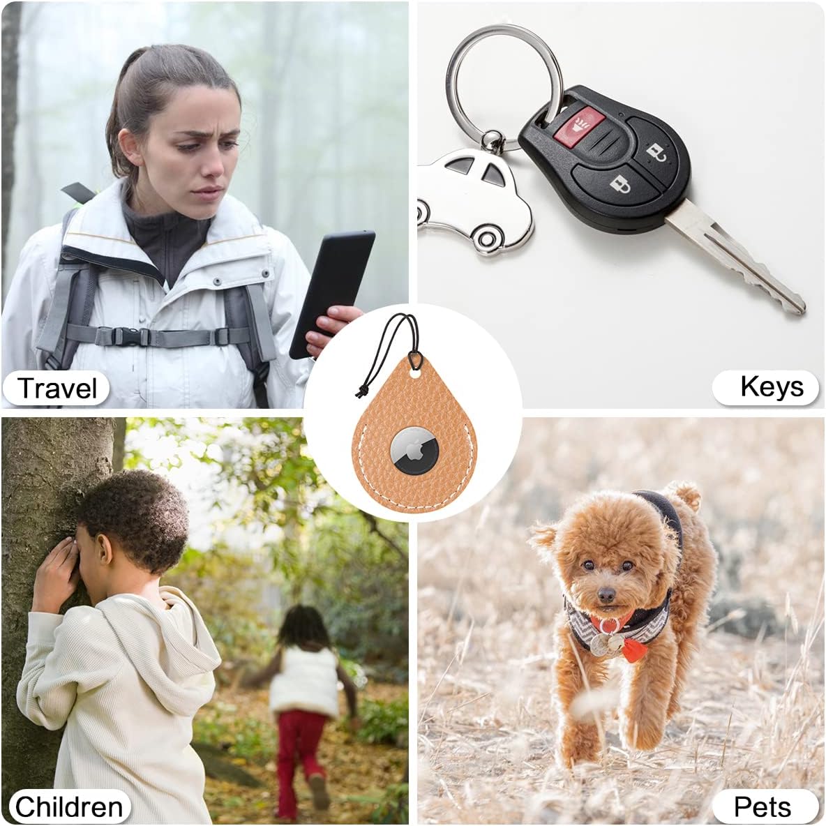 4 pack airtag holder leather case air tag cover keychain gps tracker remote finder key travel backpack pet locator blackredwhitebrown