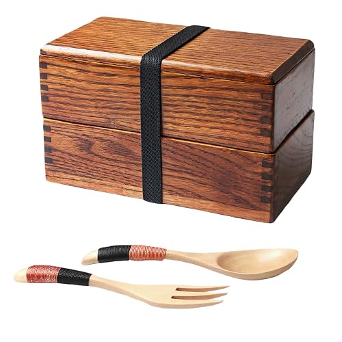AOOSY Wood Bento Box with Spoon Fork, Japanese Traditional Square Lunch box | Women's Men's Adult Wood Bento Box