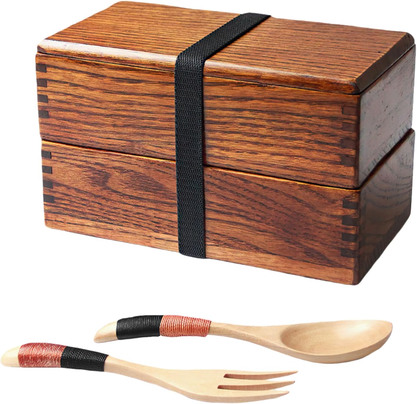 AOOSY Bento Lunch Box,Japanese Style Traditional Natural Wooden Bento Lunch Boxes Double Layer Food Fruit Sandwich Container Sushi Kit Box for Travel School Camping(with Wood Fork Spoon)