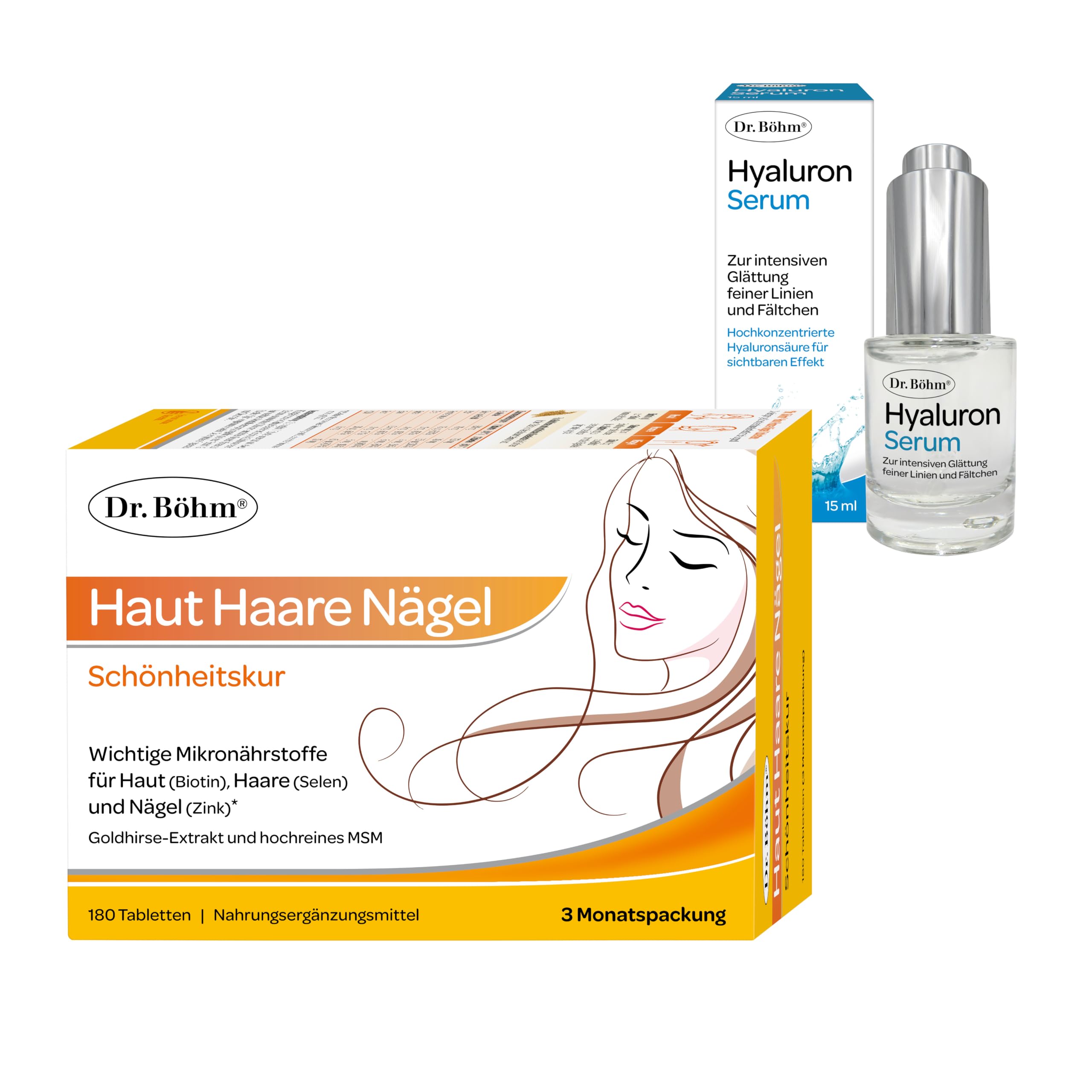 Dr. Böhm Haut Haare Nägel 180 Tabletten + Hyaluron Serum 15 ml – Biotin, Zink, Selen & MSM mit Hyaluronsäure für Haut, Haare, Nägel sowie intensive Feuchtigkeitspflege
