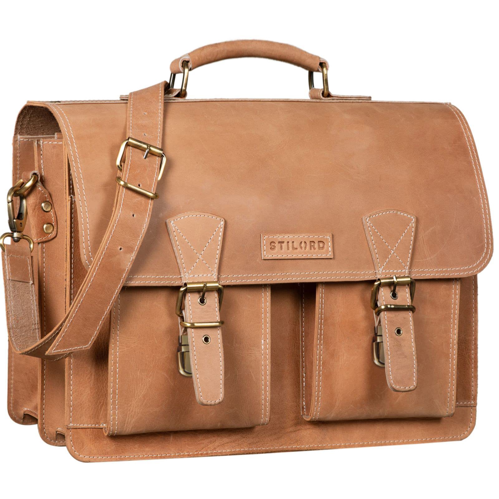 STILORD "Jeffrey Lehrertasche Aktentasche Leder Große Vintage Ledertasche zum Umhängen 15.6 Zoll Laptop Tasche für Schule Uni Business Trolley Aufsteckbar Farbe:princeton - braun