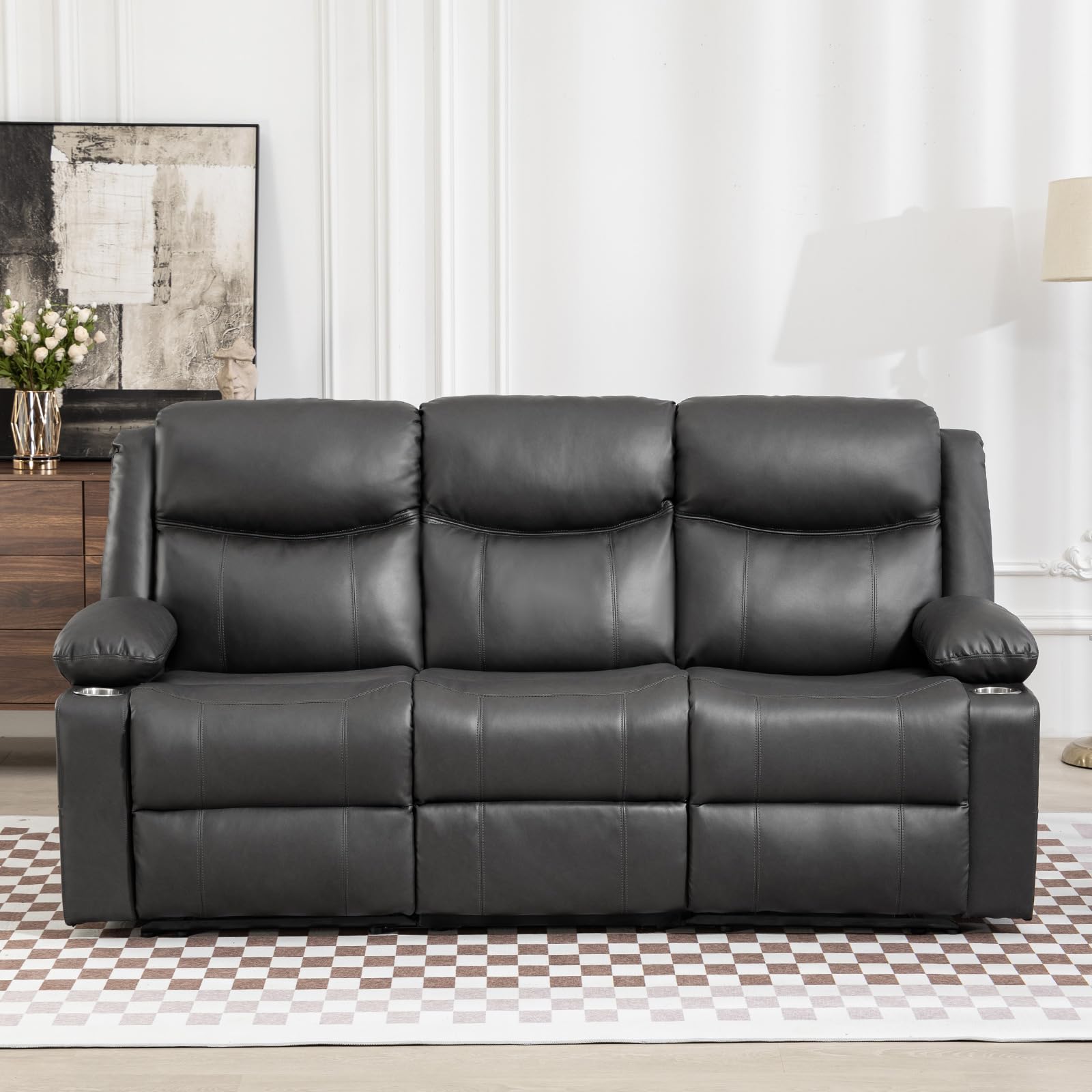 Manual Reclining Sofa - 3 Seat Recliner Sofa with Heat & Massage Function, Wall-Hugger Reclining Sofa for Living Room (Grey)