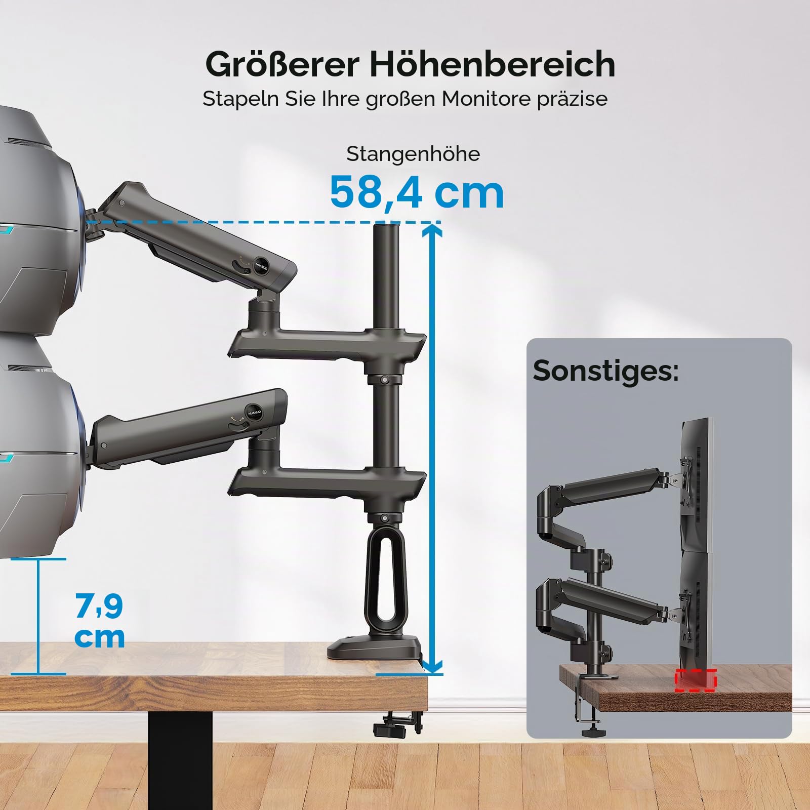 HUANUO Monitor Halterung 2 Monitore für 13-49 Zoll Ultrawide-Bildschirme, 18 kg Tragkraft, robuste Monitorhalterung für Gaming Bildschirme, vertikal stapelbar Monitorarm, VESA 75x75 100x100