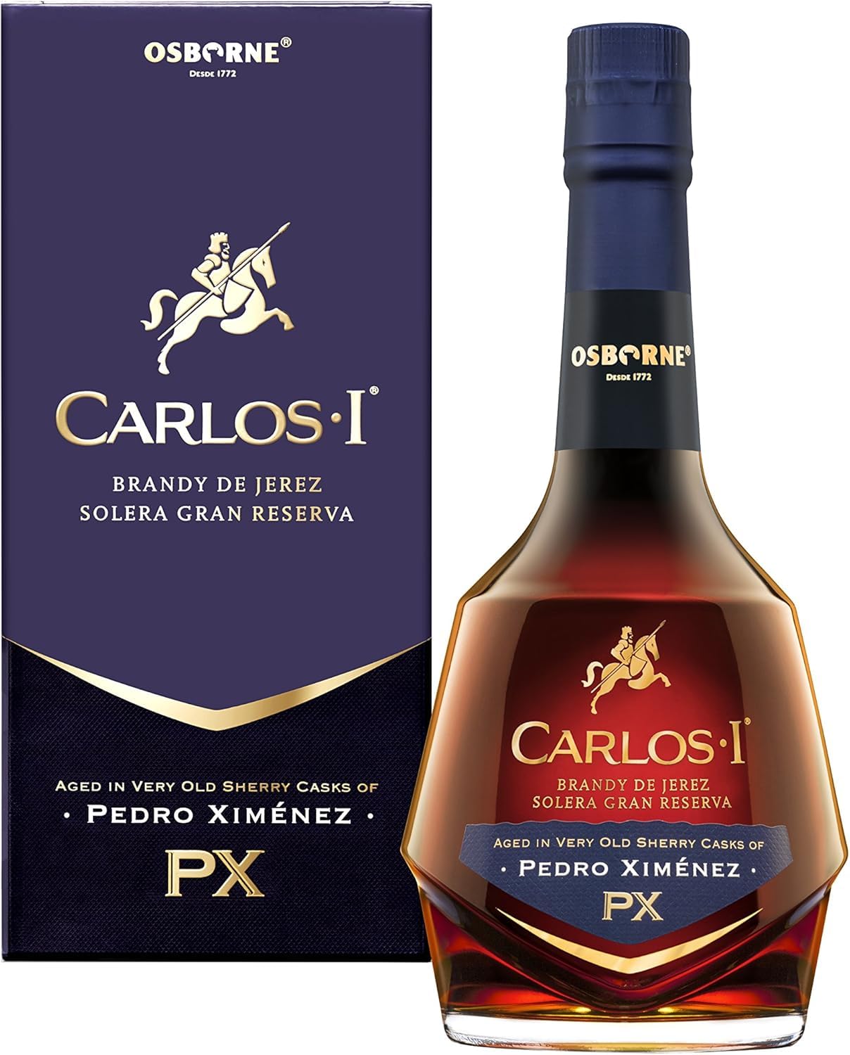 Carlos I Brandy de Jerez Pedro Ximénez – Solera Gran Reserva aus Spanien in hochwertiger Geschenkpackung gereift in 100-jährigen Solera-Fässern von PX Viejo mit 40,3% vol. (1 x 0,7l)