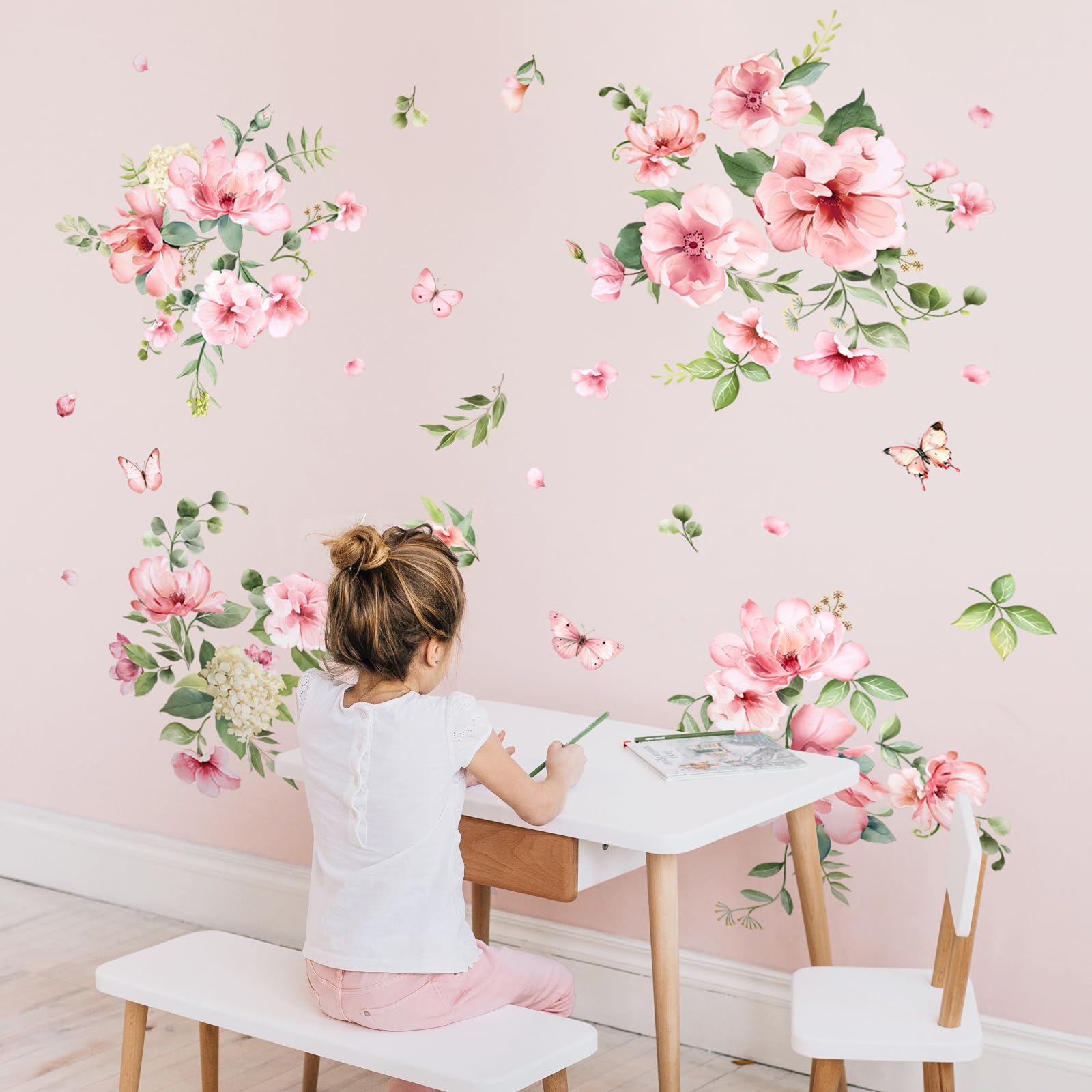 Pegatinas de Pared Flor Rosa, Vinilos Decorativos Pared 10 Sheets Jardín de Primavera Floral, Adesivos Paredes Decoración para Salon Dormitorio Pasillo Oficina Sofá Muro Armario Cajones